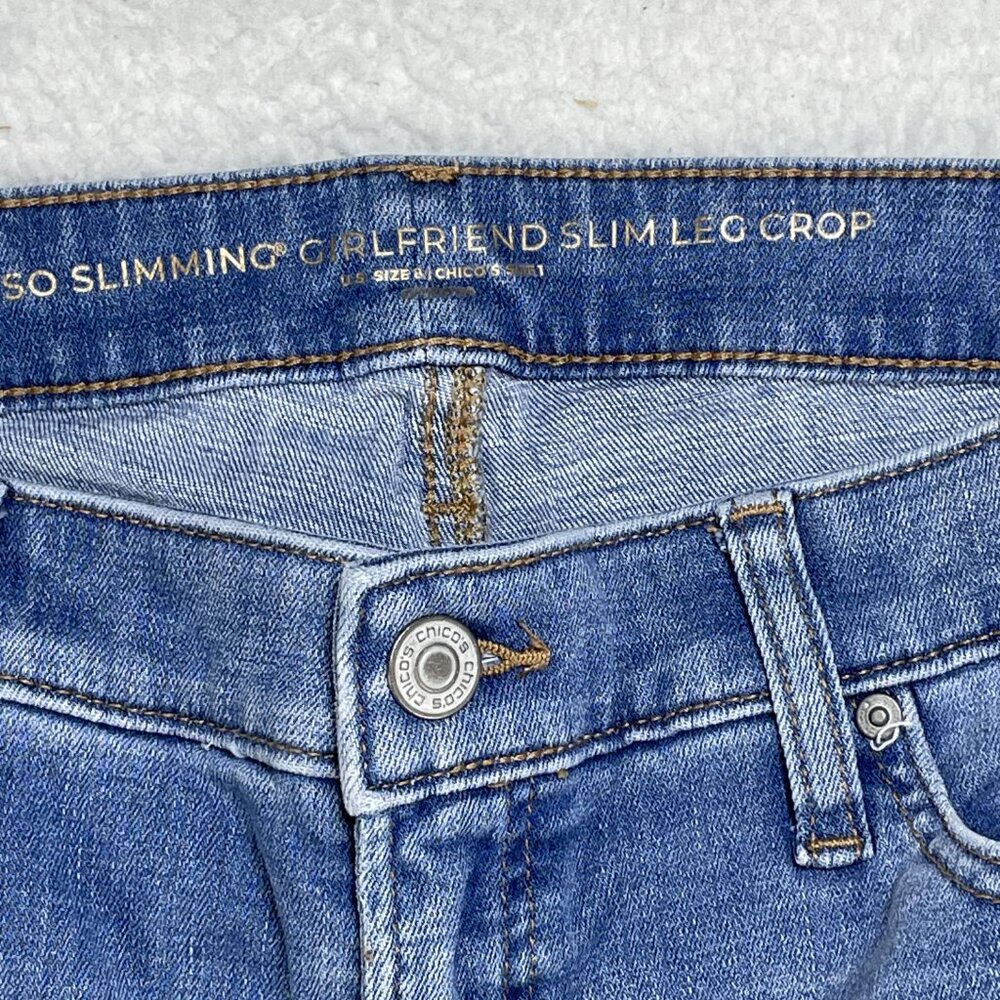 Chicos So Slimming US Size 8 Girlfriend Slim Leg Crop Blue Tie Dye Jeans 29x22 - Picture 10 of 12